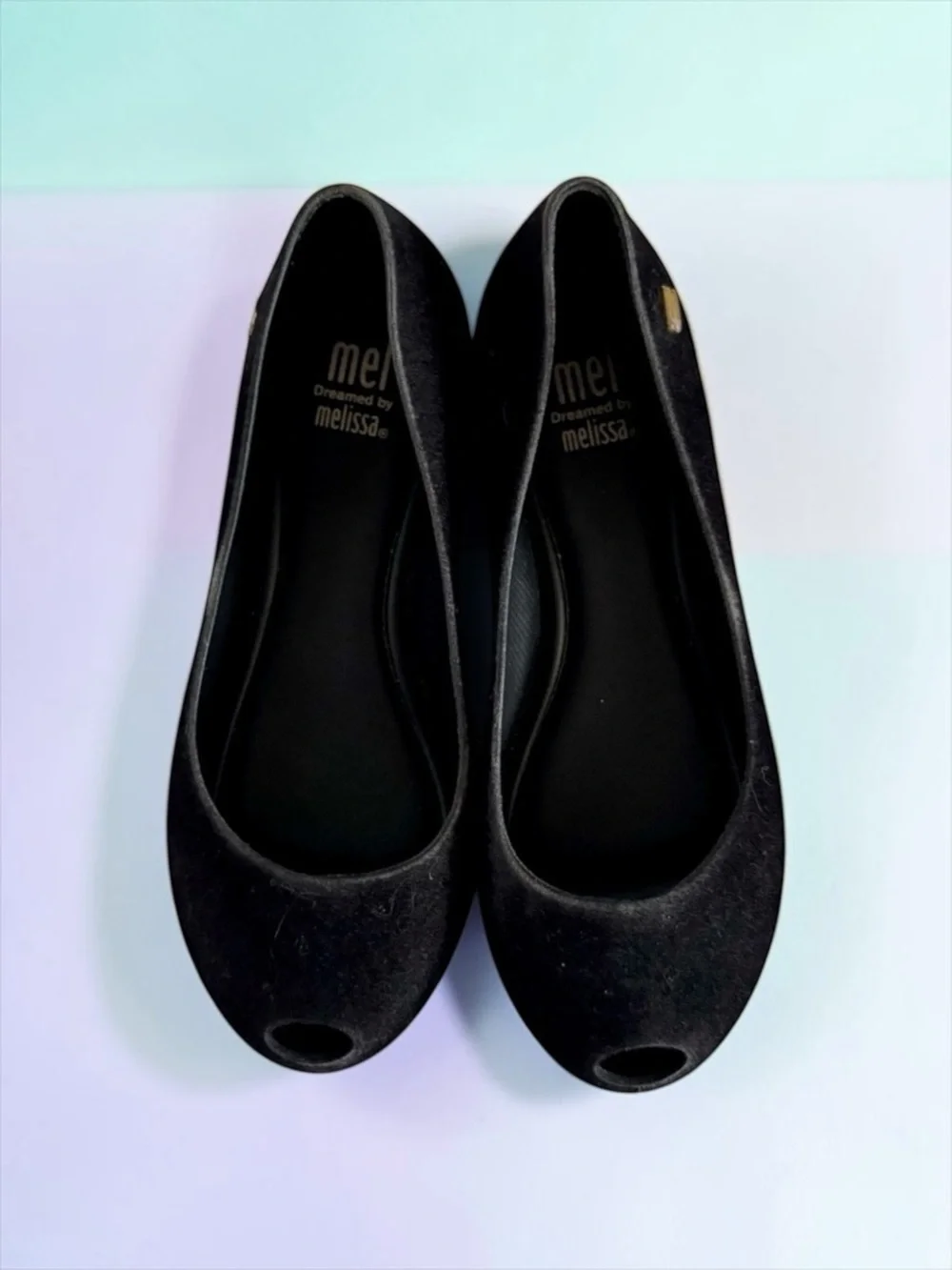 Mini Melissa Peep‑Toe Flats Black Velvet Matte Girls Size 13 Like New